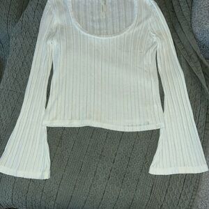 Anthropologie White Ribbed Bell Sleeve Scoop Neck Top OB1777379 Womens Medium